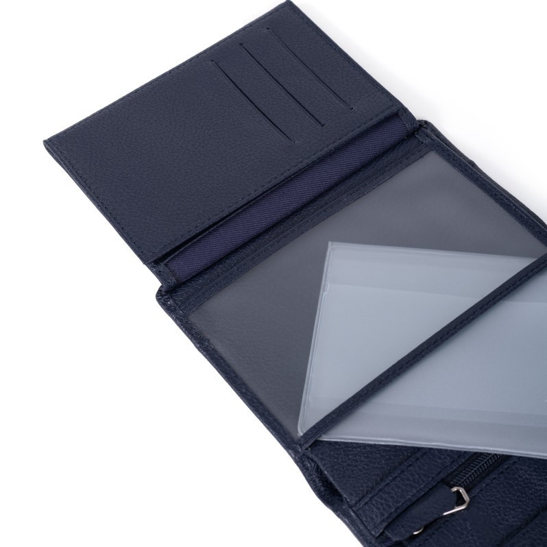 HEXAGONA Ανδρικό δερμάτινο μπλέ πορτοφόλι τρίφυλλο όρθιο μικρό με RFID προστασία HDJ92E