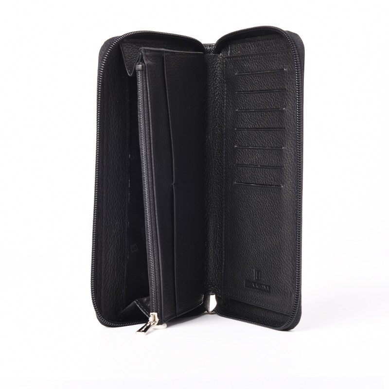 HEXAGONA Γυναικείο πορτοφόλι με φερμουάρ σε μαύρο σπυρωτό δέρμα ONF81TR