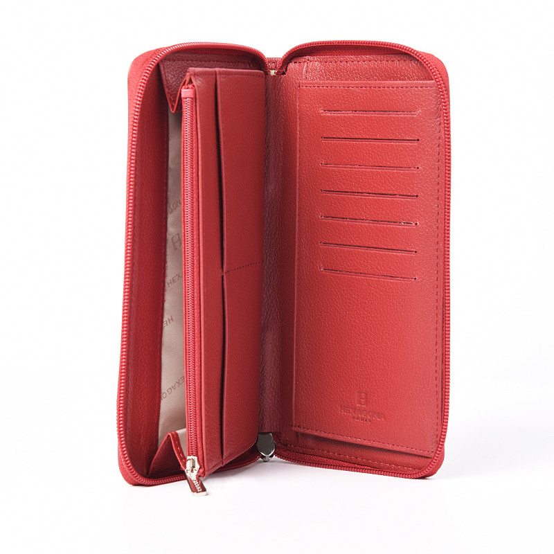 HEXAGONA Γυναικείο πορτοφόλι με φερμουάρ σε κόκκινο σπυρωτό δέρμα ONF83GH