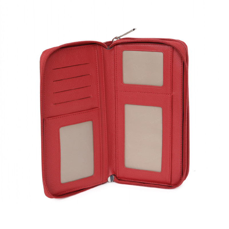 HEXAGONA Γυναικείο πορτοφόλι δερμάτινο κόκκινο με διπλό φερμουάρ HUD60W