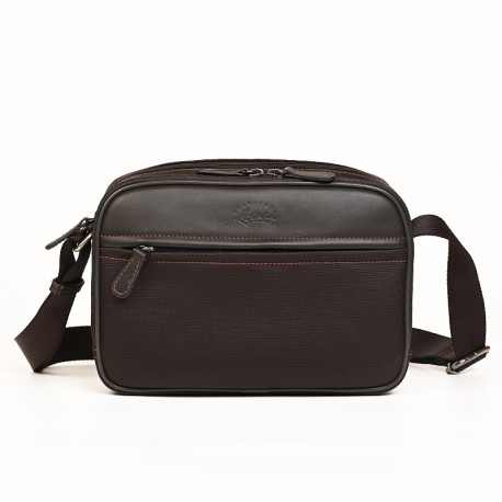 Ανδρική τσάντα χιαστί διθέσια σε καφέ ύφασμα με δέρμα 289KAF60