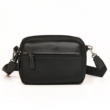 Τσάντα χιαστί μαύρη από ύφασμα σε συνδυασμό με δέρμα 289FCH61