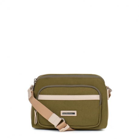 Τσάντα χιαστί διθέσια από αδιάβροχο υλικό σε λαδί χρώμα 303OVE03