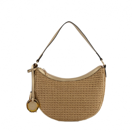 Ψάθινη Τσάντα Ώμου με Χρυσές Λεπτομέρειες σε Μπεζ χρώμα 30GOL211