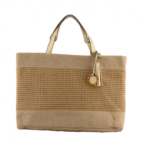 Μπέζ ψάθινη Shopping τσάντα χειρός με χρυσές λεπτομέρειες 302STR14